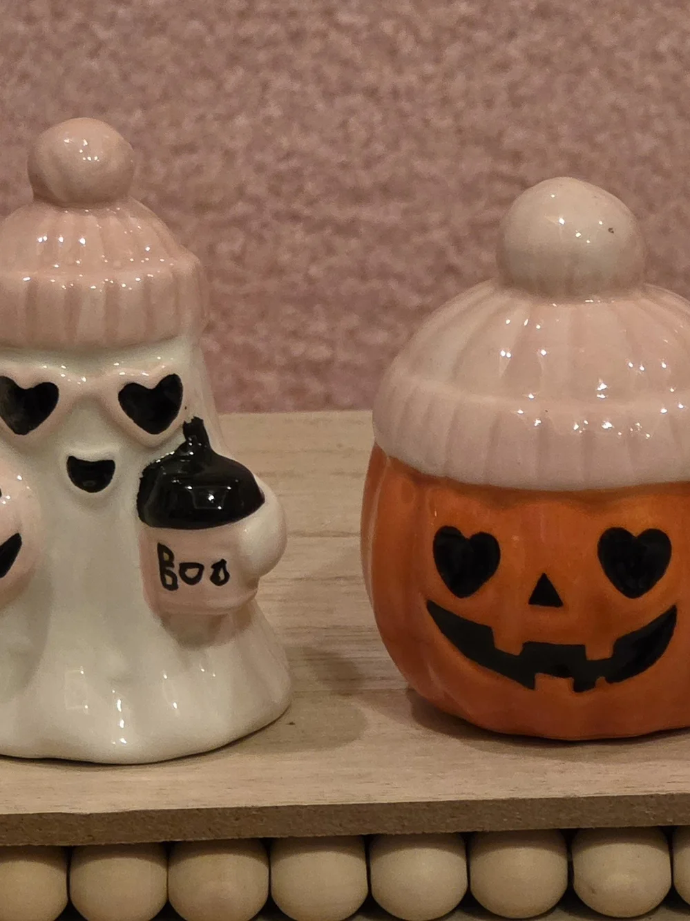 Halloween Ceramic Ghost and Pumpkin Salt & Pepper Shaker Set - Pink & Orange